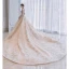 Charmant Champagner Durchsichtige Hochzeits Brautkleider / Hochzeitskleider 2021 Ballkleid Stehkragen Lange Ärmel Rückenfreies Applikationen Spitze Perlenstickerei Pailletten Glanz Tülle Kathedrale Schleppe Rüschen
