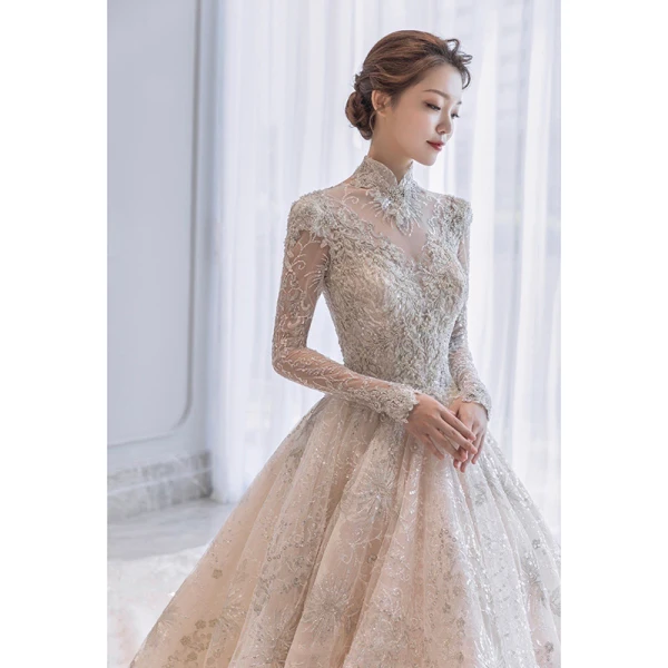 Charmant Champagner Durchsichtige Hochzeits Brautkleider / Hochzeitskleider 2021 Ballkleid Stehkragen Lange Ärmel Rückenfreies Applikationen Spitze Perlenstickerei Pailletten Glanz Tülle Kathedrale Schleppe Rüschen