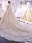 Charmant Champagner Durchsichtige Hochzeits Brautkleider / Hochzeitskleider 2021 Ballkleid Stehkragen Lange Ärmel Rückenfreies Applikationen Spitze Perlenstickerei Pailletten Glanz Tülle Kathedrale Schleppe Rüschen