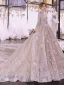 Charmant Champagner Durchsichtige Hochzeits Brautkleider / Hochzeitskleider 2021 Ballkleid Stehkragen Lange Ärmel Rückenfreies Applikationen Spitze Perlenstickerei Pailletten Glanz Tülle Kathedrale Schleppe Rüschen