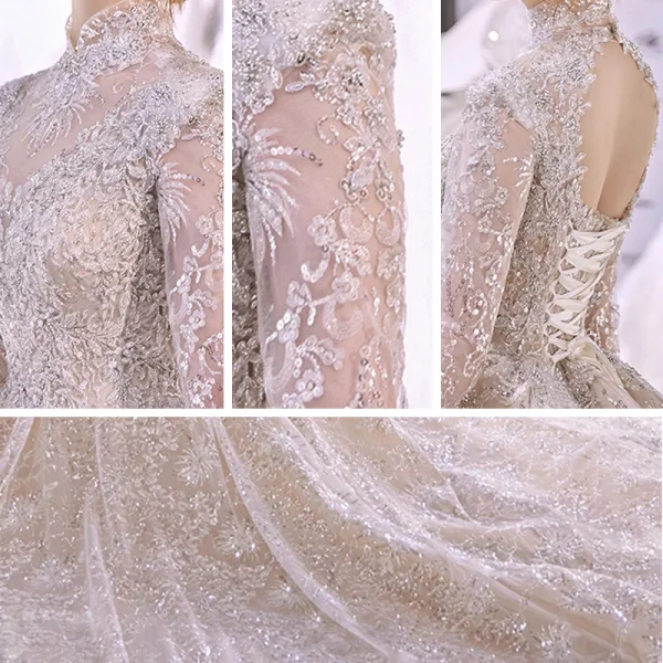 Charmant Champagner Durchsichtige Hochzeits Brautkleider / Hochzeitskleider 2021 Ballkleid Stehkragen Lange Ärmel Rückenfreies Applikationen Spitze Perlenstickerei Pailletten Glanz Tülle Kathedrale Schleppe Rüschen