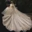 Glitzernden Champagner Durchsichtige Hochzeits Brautkleider / Hochzeitskleider 2021 Ballkleid Rundhalsausschnitt Kurze Ärmel Rückenfreies Perlenstickerei Pailletten Glanz Tülle Kathedrale Schleppe Rüschen