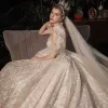 Luxury / Gorgeous Champagne See-through Bridal Wedding Dresses 2021 Ball Gown High Neck Short Sleeve Backless Handmade  Beading Sequins Glitter Tulle Royal Train Ruffle