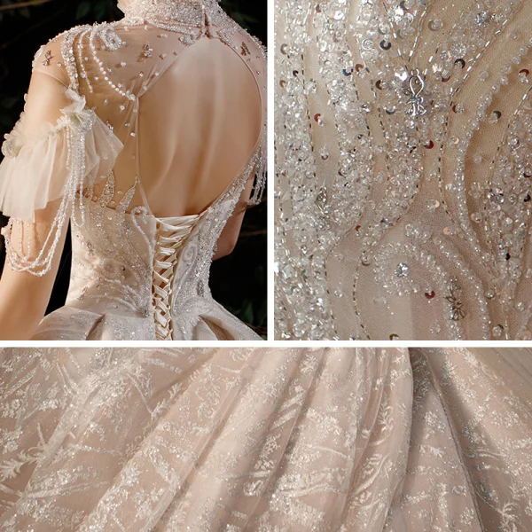 Luxe Champagne Transparentes La Mariée Robe De Mariée 2021 Robe Boule Col Haut Manches Courtes Dos Nu Fait main Perlage Paillettes Glitter Tulle Royal Train Volants
