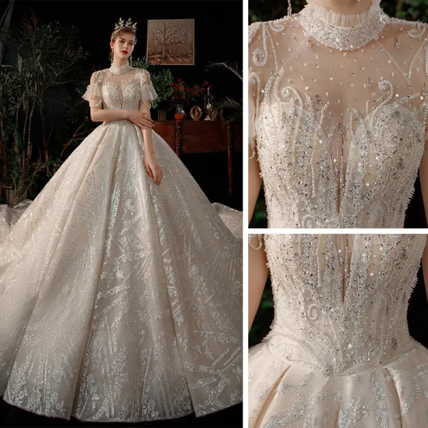 Luxe Champagne Transparentes La Mariée Robe De Mariée 2021 Robe Boule Col Haut Manches Courtes Dos Nu Fait main Perlage Paillettes Glitter Tulle Royal Train Volants