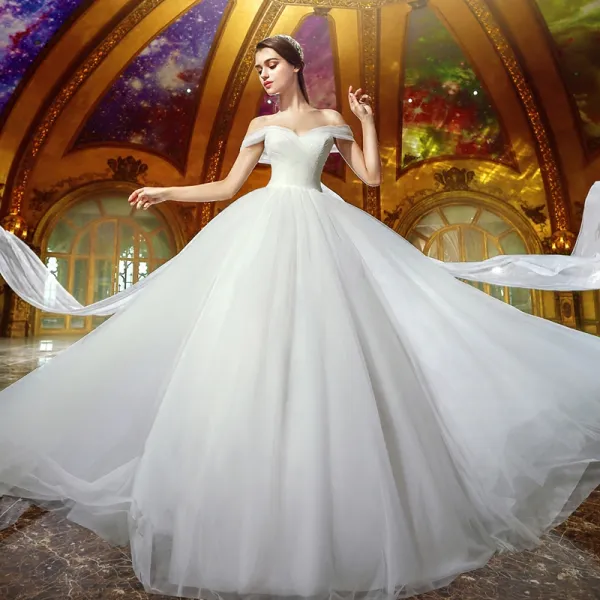 Modest / Simple Ivory Organza Wedding Dresses 2019 Ball Gown Off-The-Shoulder Short Sleeve Backless Court Train Ruffle