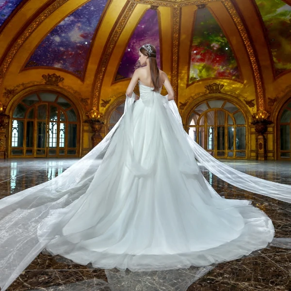 Modest / Simple Ivory Organza Wedding Dresses 2019 Ball Gown Off-The-Shoulder Short Sleeve Backless Court Train Ruffle