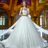 Modest / Simple Ivory Organza Wedding Dresses 2019 Ball Gown Off-The-Shoulder Short Sleeve Backless Court Train Ruffle