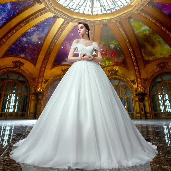 Modest / Simple Ivory Organza Wedding Dresses 2019 Ball Gown Off-The-Shoulder Short Sleeve Backless Court Train Ruffle