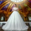 Modest / Simple Ivory Organza Wedding Dresses 2019 Ball Gown Off-The-Shoulder Short Sleeve Backless Court Train Ruffle