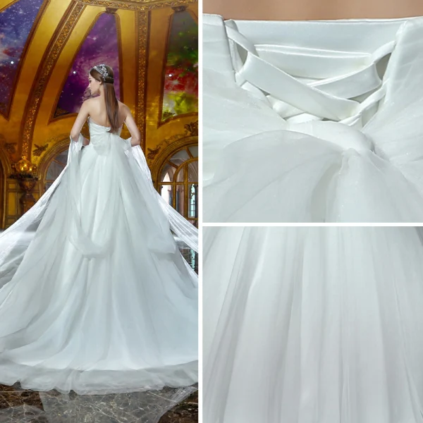Modest / Simple Ivory Organza Wedding Dresses 2019 Ball Gown Off-The-Shoulder Short Sleeve Backless Court Train Ruffle