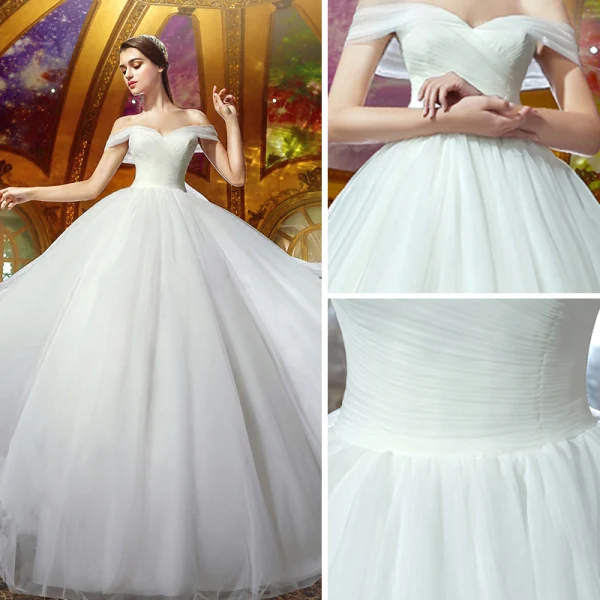 Modest / Simple Ivory Organza Wedding Dresses 2019 Ball Gown Off-The-Shoulder Short Sleeve Backless Court Train Ruffle