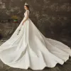 Modest / Simple Ivory Satin Wedding Dresses 2019 A-Line / Princess V-Neck Sleeveless Bow Sash Cathedral Train Ruffle