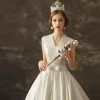 Modest / Simple Ivory Satin Wedding Dresses 2019 A-Line / Princess V-Neck Sleeveless Bow Sash Cathedral Train Ruffle