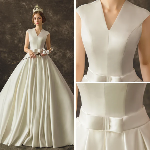 Schlicht Ivory / Creme Satin Brautkleider / Hochzeitskleider 2019 A Linie V-Ausschnitt Ärmellos Schleife Stoffgürtel Kathedrale Schleppe Rüschen
