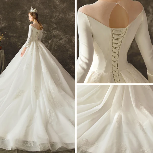 Vintage / Retro Ivory Wedding Dresses 2019 A-Line / Princess See-through Scoop Neck Long Sleeve Backless Appliques Lace Chapel Train Ruffle