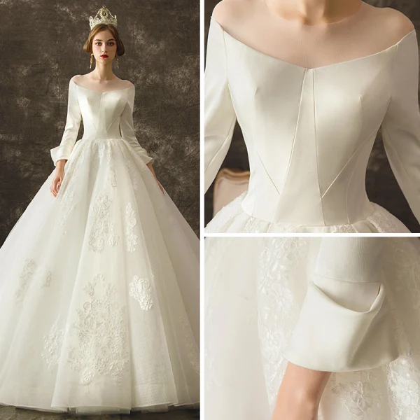 Vintage / Retro Ivory Wedding Dresses 2019 A-Line / Princess See-through Scoop Neck Long Sleeve Backless Appliques Lace Chapel Train Ruffle