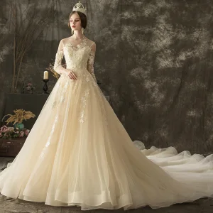 Illusion Champagne Transparentes Robe De Mariée 2019 Princesse Encolure Dégagée 3 4 Manches Dos Nu Appliques En Dentelle Perlage Chapel Train Volants