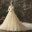 Illusion Champagne Transparentes Robe De Mariée 2019 Princesse Encolure Dégagée 3/4 Manches Dos Nu Appliques En Dentelle Perlage Chapel Train Volants