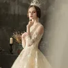 Iluzja Szampan Przezroczyste Suknie Ślubne 2019 Princessa Wycięciem 3/4 Rękawy Bez Pleców Aplikacje Z Koronki Frezowanie Trenem Kaplica Wzburzyć