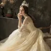 Iluzja Szampan Przezroczyste Suknie Ślubne 2019 Princessa Wycięciem 3/4 Rękawy Bez Pleców Aplikacje Z Koronki Frezowanie Trenem Kaplica Wzburzyć