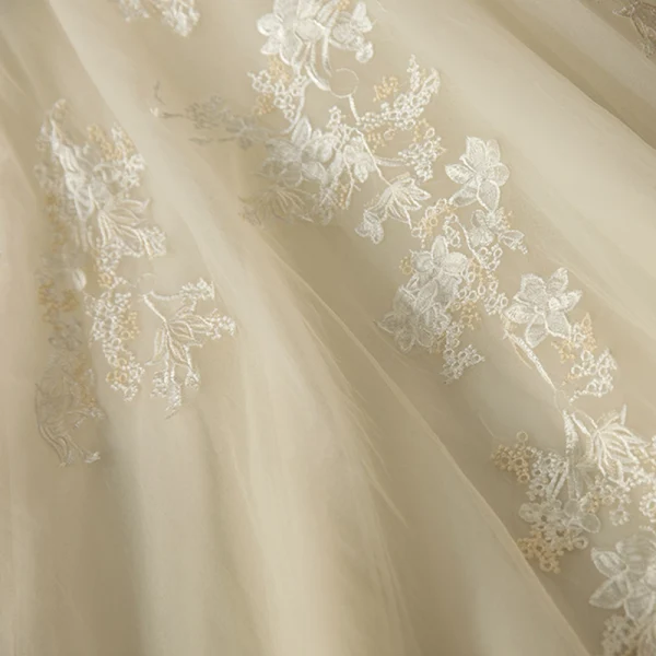 Illusion Champagne Transparentes Robe De Mariée 2019 Princesse Encolure Dégagée 3/4 Manches Dos Nu Appliques En Dentelle Perlage Chapel Train Volants