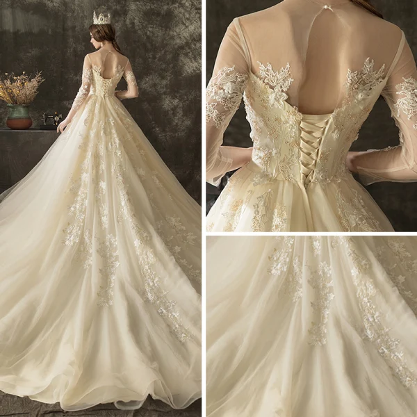 Illusion Champagne Transparentes Robe De Mariée 2019 Princesse Encolure Dégagée 3/4 Manches Dos Nu Appliques En Dentelle Perlage Chapel Train Volants