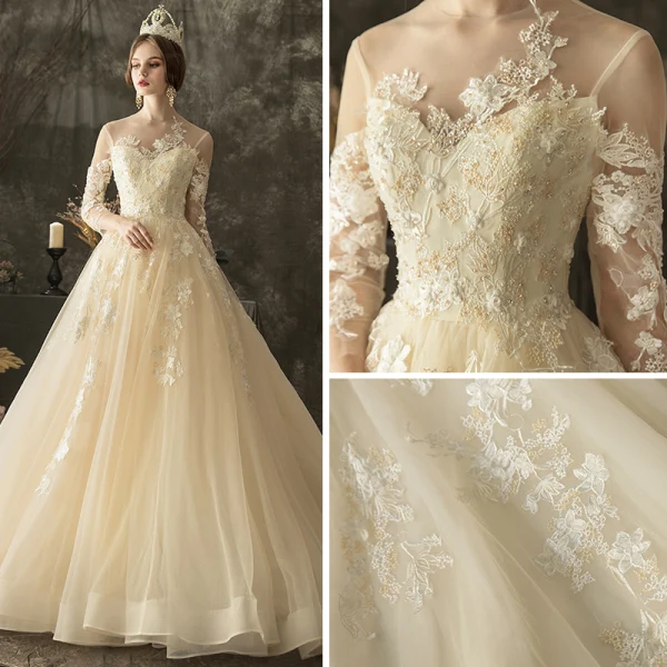 Illusion Champagne Transparentes Robe De Mariée 2019 Princesse Encolure Dégagée 3/4 Manches Dos Nu Appliques En Dentelle Perlage Chapel Train Volants