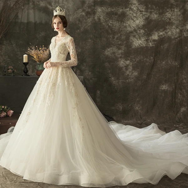 Illusion Ivory Pierced Wedding Dresses 2019 A-Line / Princess V-Neck Long Sleeve Backless Appliques Lace Beading Chapel Train Ruffle