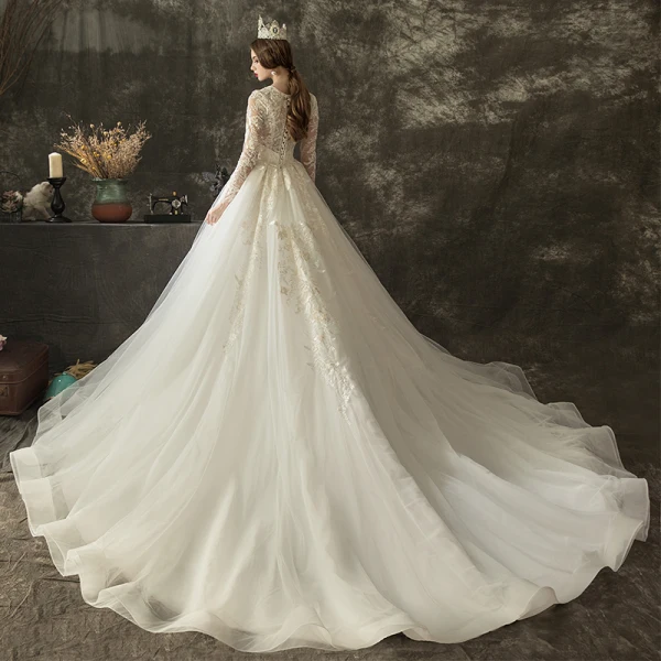 Illusion Ivory Pierced Wedding Dresses 2019 A-Line / Princess V-Neck Long Sleeve Backless Appliques Lace Beading Chapel Train Ruffle