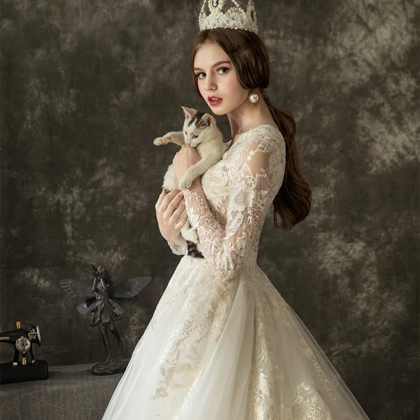 Illusion Ivory Pierced Wedding Dresses 2019 A-Line / Princess V-Neck Long Sleeve Backless Appliques Lace Beading Chapel Train Ruffle