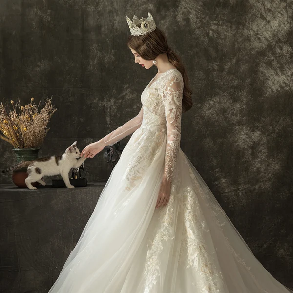 Illusion Ivory Pierced Wedding Dresses 2019 A-Line / Princess V-Neck Long Sleeve Backless Appliques Lace Beading Chapel Train Ruffle