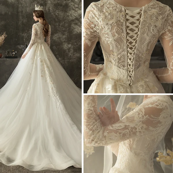 Illusion Ivory Pierced Wedding Dresses 2019 A-Line / Princess V-Neck Long Sleeve Backless Appliques Lace Beading Chapel Train Ruffle