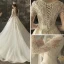 Illusion Ivory Pierced Wedding Dresses 2019 A-Line / Princess V-Neck Long Sleeve Backless Appliques Lace Beading Chapel Train Ruffle