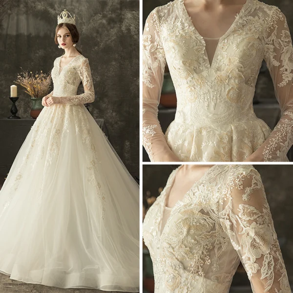 Illusion Ivory Pierced Wedding Dresses 2019 A-Line / Princess V-Neck Long Sleeve Backless Appliques Lace Beading Chapel Train Ruffle