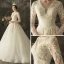 Illusion Ivory Pierced Wedding Dresses 2019 A-Line / Princess V-Neck Long Sleeve Backless Appliques Lace Beading Chapel Train Ruffle