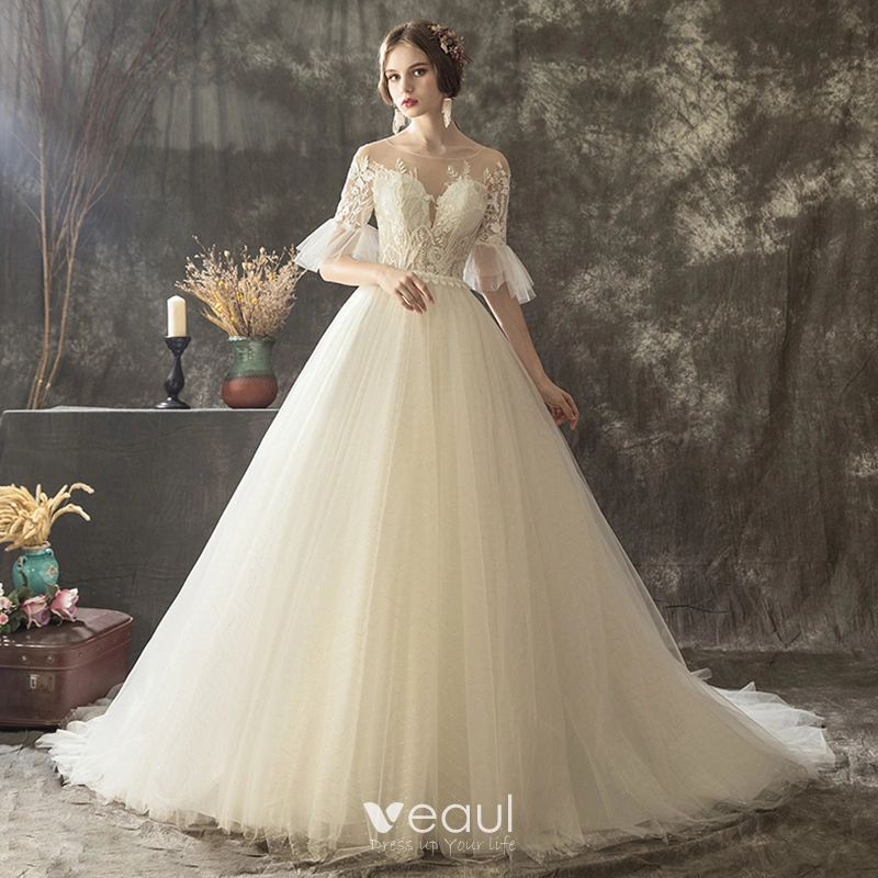 Champagne Tulle A-Line Round Neck Wedding Dress with Appliques Champagne Tulle A-Line Round Neck Wedding Dress with Appliques