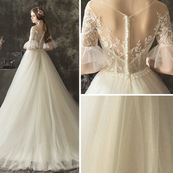 Illusion Champagne Transparentes Robe De Mariée 2019 Princesse Encolure Dégagée Manches de cloche Appliques En Dentelle Perle Glitter Tulle Tribunal Train Volants