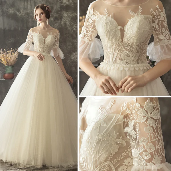 Illusion Champagne Transparentes Robe De Mariée 2019 Princesse Encolure Dégagée Manches de cloche Appliques En Dentelle Perle Glitter Tulle Tribunal Train Volants
