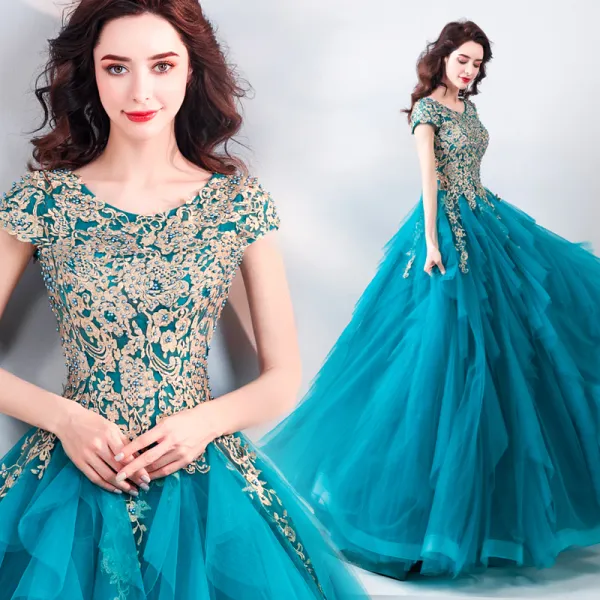 Best Jade Green Dancing Prom Dresses 2021 Ball Gown Scoop Neck Sleeveless Appliques Lace Beading Pearl Floor-Length / Long Ruffle Formal Dresses