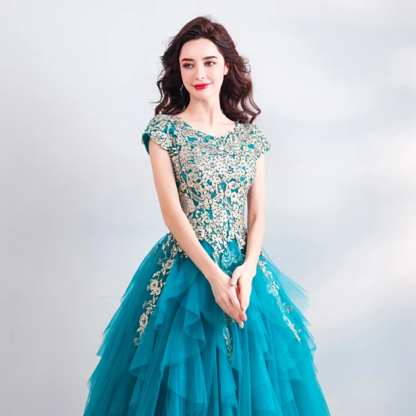 Best Jade Green Dancing Prom Dresses 2021 Ball Gown Scoop Neck Sleeveless Appliques Lace Beading Pearl Floor-Length / Long Ruffle Formal Dresses