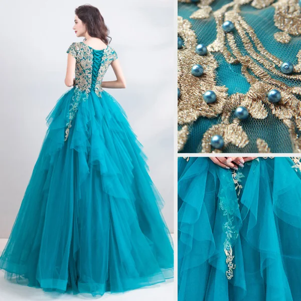 Best Jade Green Dancing Prom Dresses 2021 Ball Gown Scoop Neck Sleeveless Appliques Lace Beading Pearl Floor-Length / Long Ruffle Formal Dresses