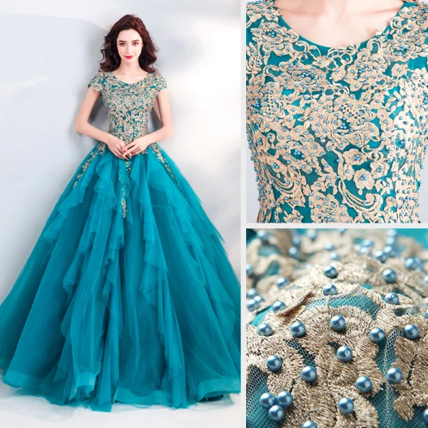 Best Jade Green Dancing Prom Dresses 2021 Ball Gown Scoop Neck Sleeveless Appliques Lace Beading Pearl Floor-Length / Long Ruffle Formal Dresses