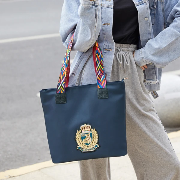 Fashion Navy Blue Waterproof Embroidered Tote Bag Shoulder Bags Shopping Bag 2021 Canvas Casual Women's Bags