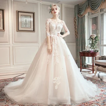 Romantic Champagne See Through Wedding Dresses 2019 A Line Princess Scoop Neck 3 4 Sleeve Backless Appliques Lace Beading Chapel Train Ruffle