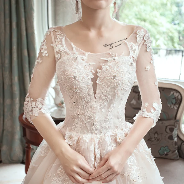 Romantique Champagne Transparentes Robe De Mariée 2019 Princesse Encolure Dégagée 3/4 Manches Dos Nu Appliques En Dentelle Perlage Chapel Train Volants