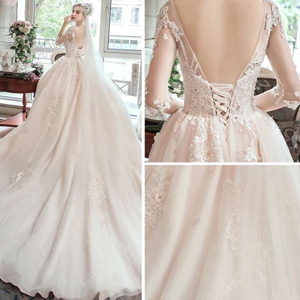 Romantique Champagne Transparentes Robe De Mariée 2019 Princesse Encolure Dégagée 3/4 Manches Dos Nu Appliques En Dentelle Perlage Chapel Train Volants