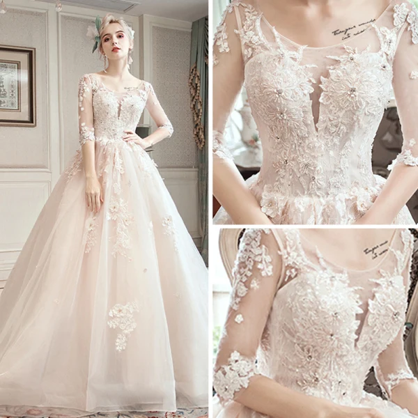 Romantique Champagne Transparentes Robe De Mariée 2019 Princesse Encolure Dégagée 3/4 Manches Dos Nu Appliques En Dentelle Perlage Chapel Train Volants