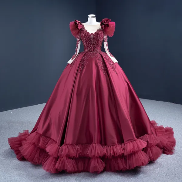 Luxury / Gorgeous Burgundy Satin Dancing Prom Dresses 2021 Ball Gown See-through Scoop Neck Long Sleeve Handmade  Beading Sequins Sweep Train Ruffle Formal Dresses