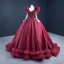 Luxus / Herrlich Burgunderrot Satin Tanzen Ballkleider 2021 Ballkleid Durchsichtige Rundhalsausschnitt Lange Ärmel Handgefertigt Perlenstickerei Pailletten Sweep / Pinsel Zug Rüschen Festliche Kleider